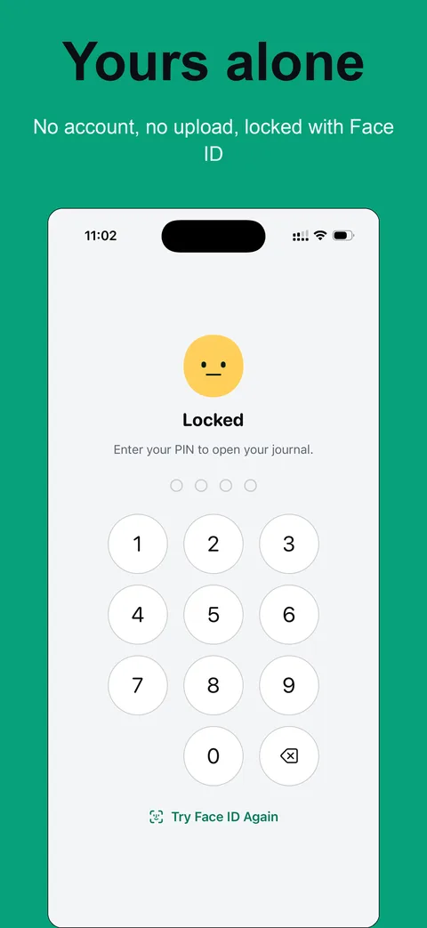 Yours alone: no account, no upload, locked with Face ID